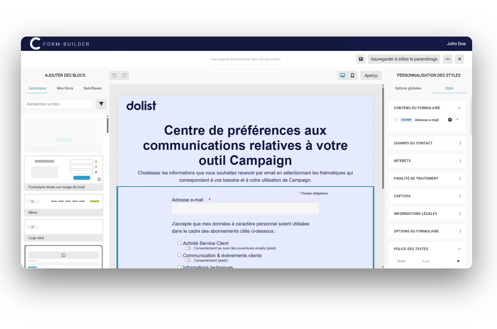 Formulaire de centre de préférences créé avec le Form Builder de Campaign