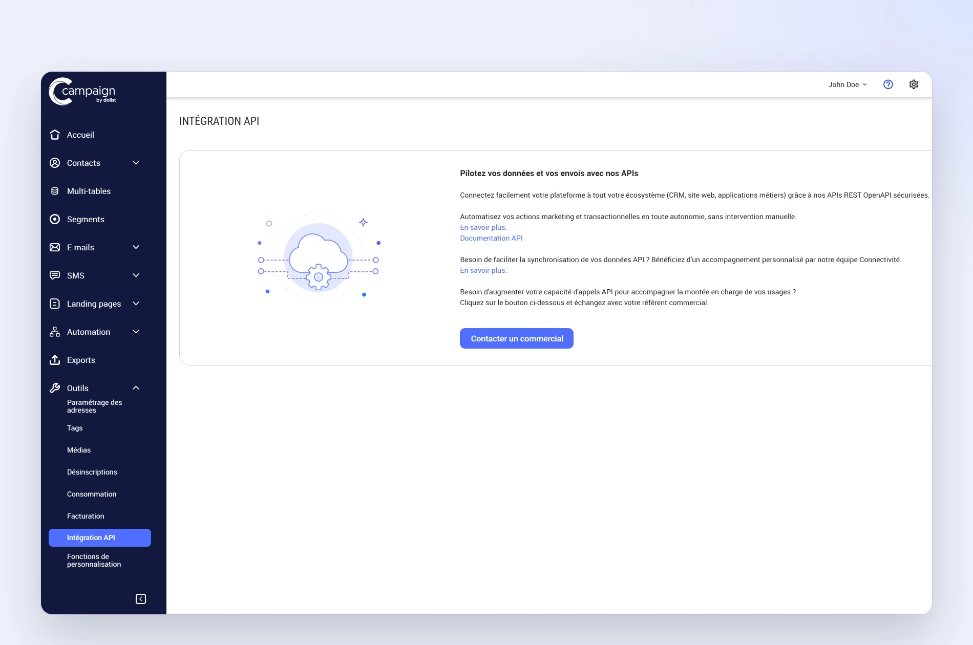 Écran Intégration API de Campaign avec documentation et accompagnement de l'équipe Connectivité