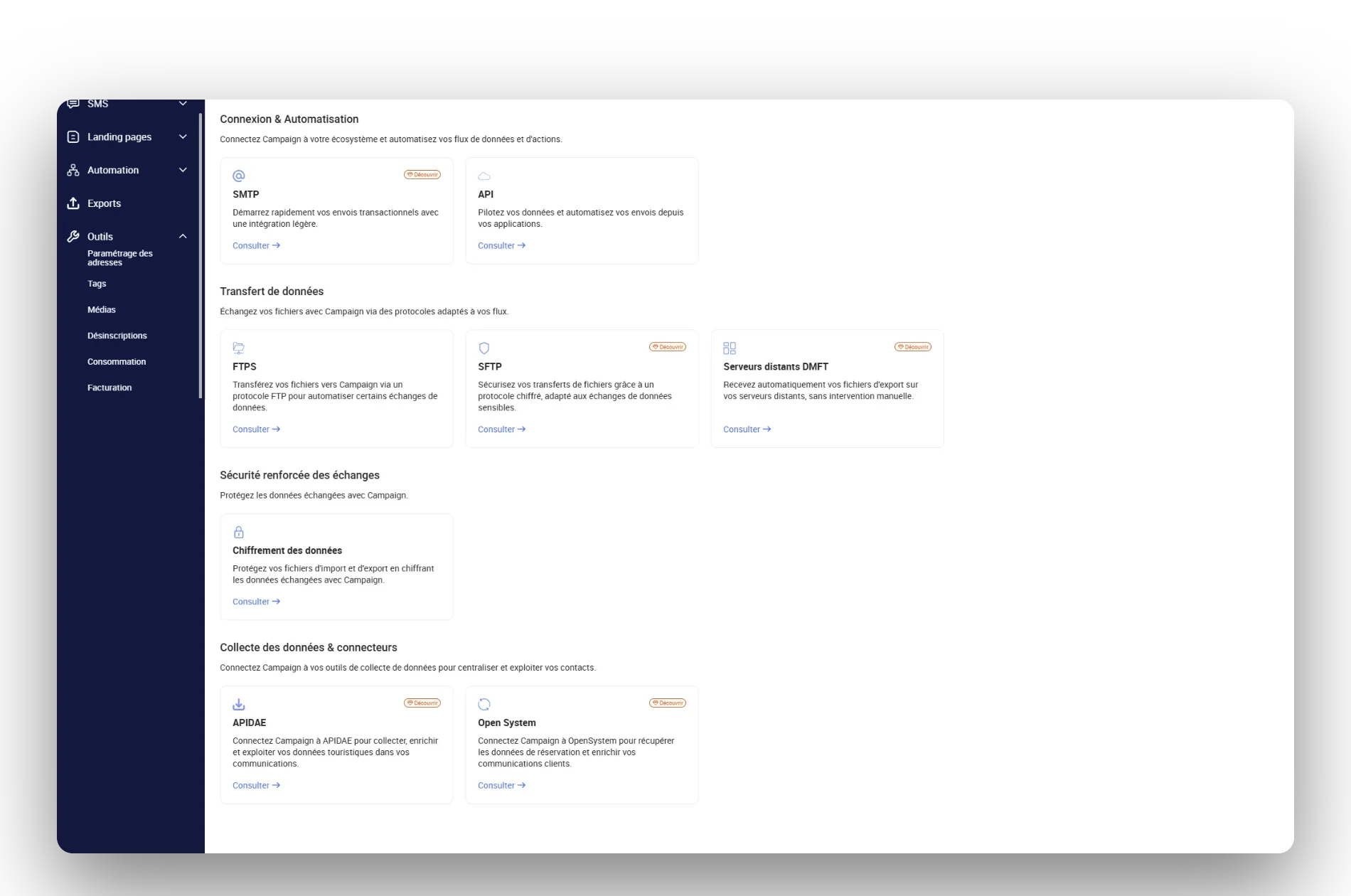 Écran Intégrations de Campaign : SMTP, API, FTPS, SFTP, serveurs distants, chiffrement et connecteurs