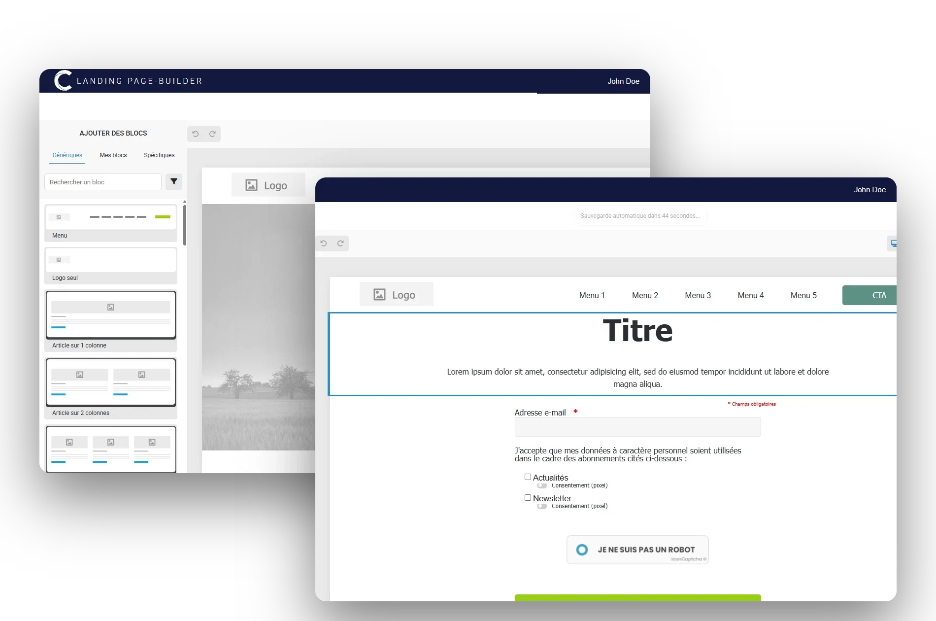 Landing Page Builder et éditeur de formulaire de Campaign avec consentements et CAPTCHA