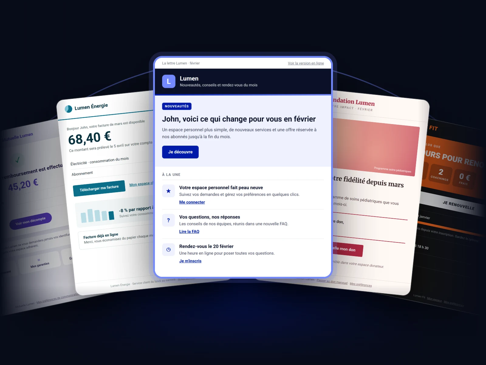 E-mails envoyés avec Campaign pour des secteurs différents : newsletter, facture d'énergie, mutuelle, association et salle de sport