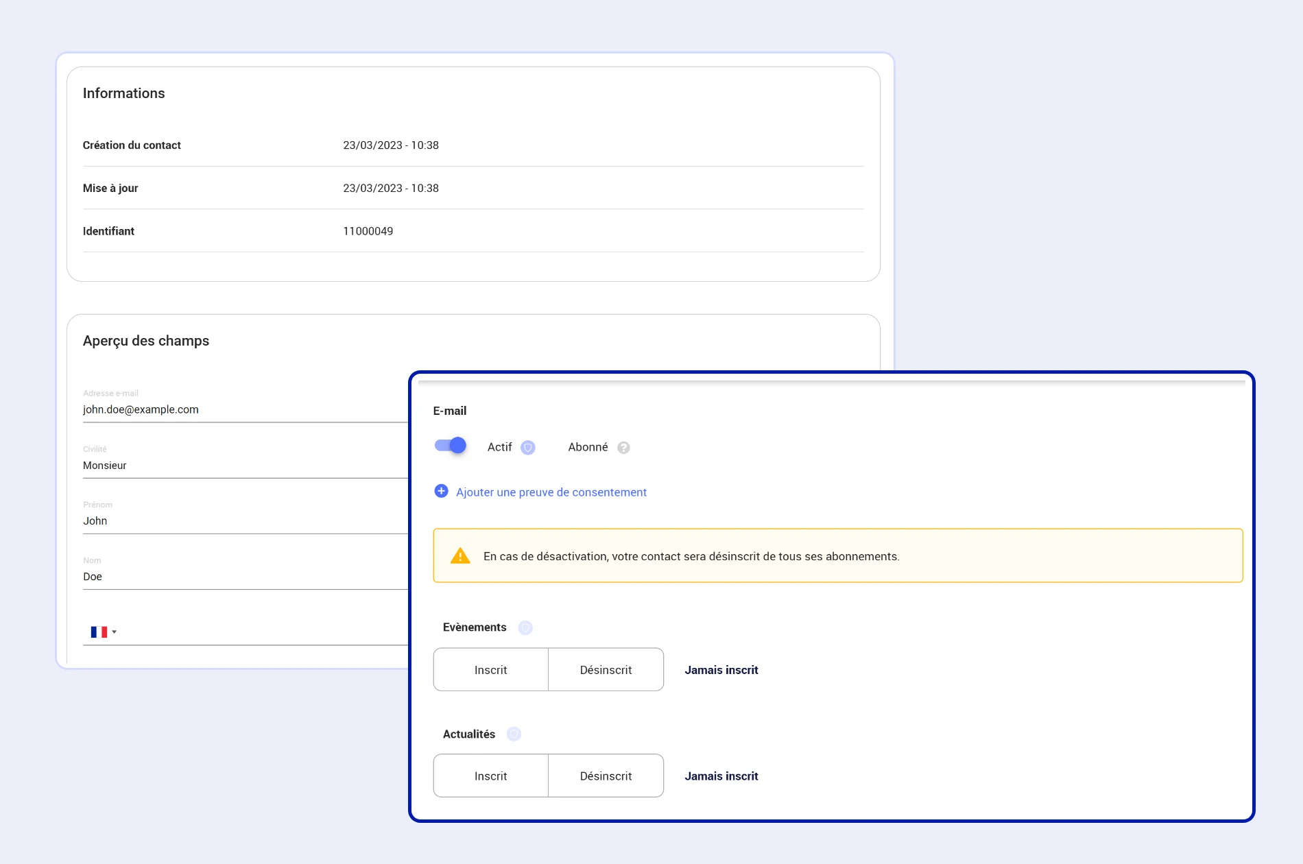 Fiche contact anonymisée dans Campaign avec ses informations et ses champs, et carte de consentement e-mail avec les abonnements par thématique