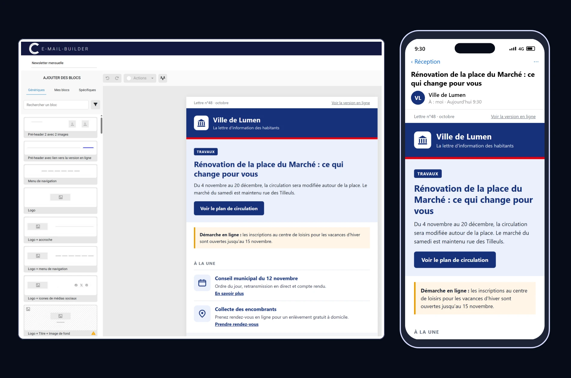 Newsletter d'une commune fictive en cours de création dans l'éditeur d'e-mails de Campaign, avec son rendu sur smartphone