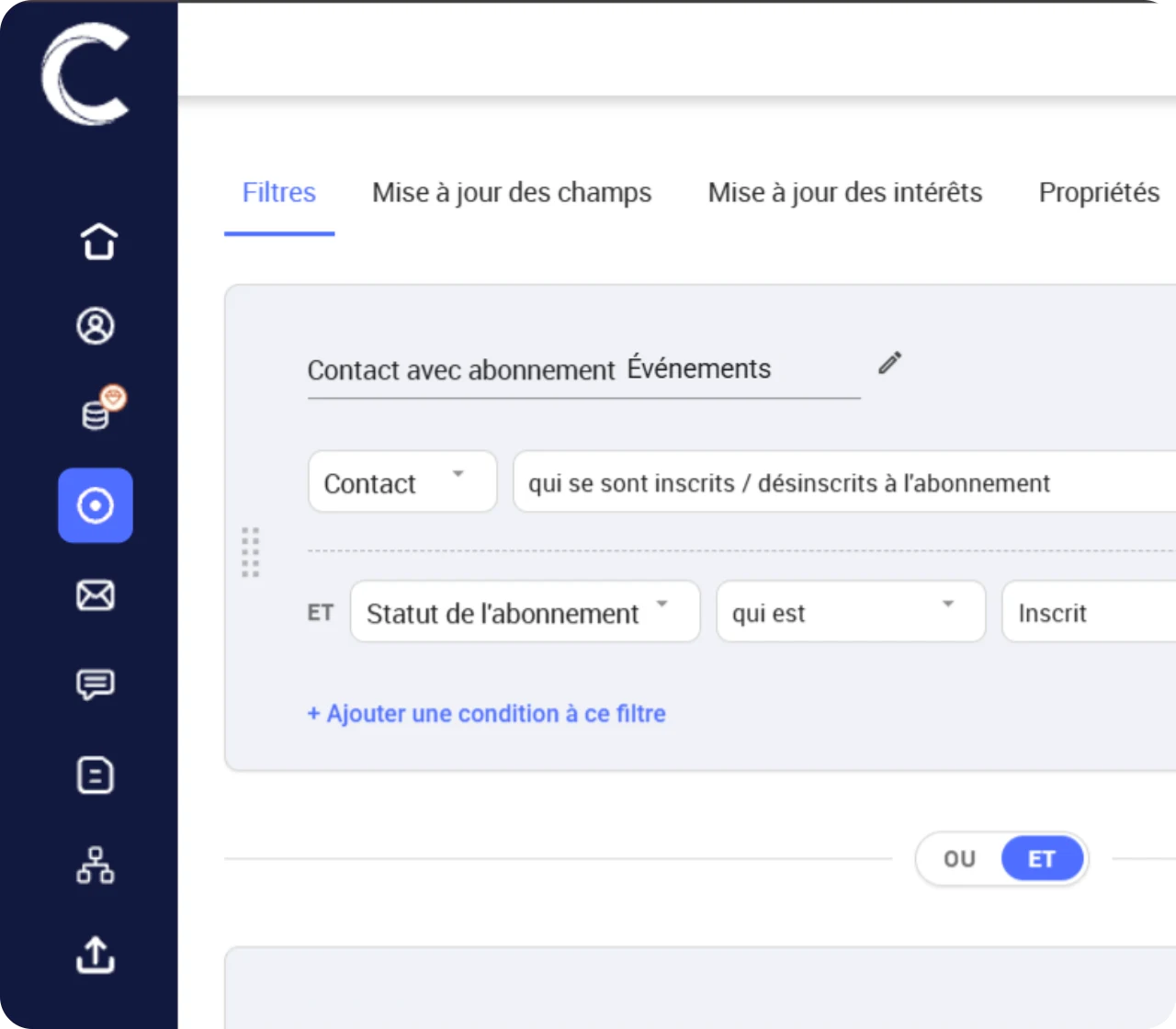 Écran Segments de Campaign avec un filtre sur l'abonnement Événements et le statut d'abonnement