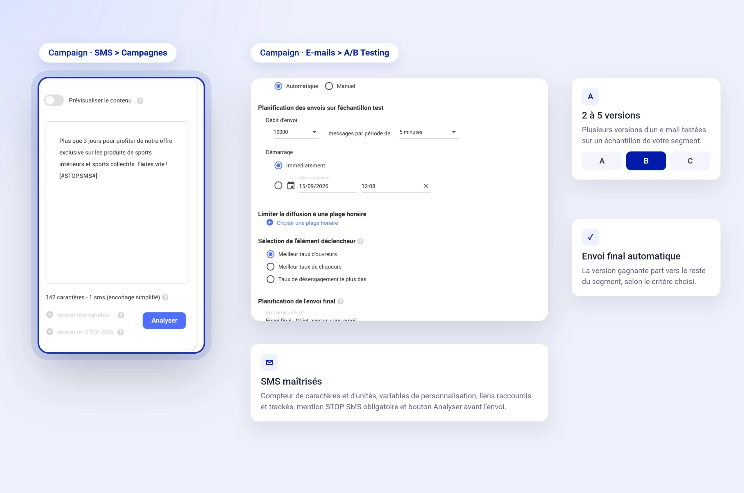 Éditeur SMS de Campaign avec compteur de caractères et STOP SMS, et planification d'un A/B test avec envoi final automatique