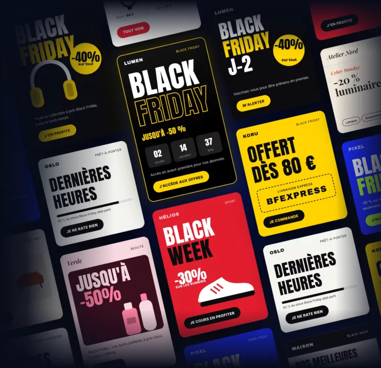 Mur d'e-mails Black Friday inclinés : codes promo, comptes à rebours, prix barrés et offres jusqu'à -50 %