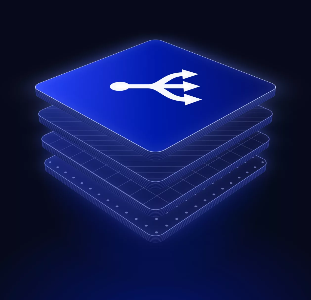 Socle de plaques bleues Dolist surmonté d'un point qui se divise en trois flèches, illustration de la page routage email