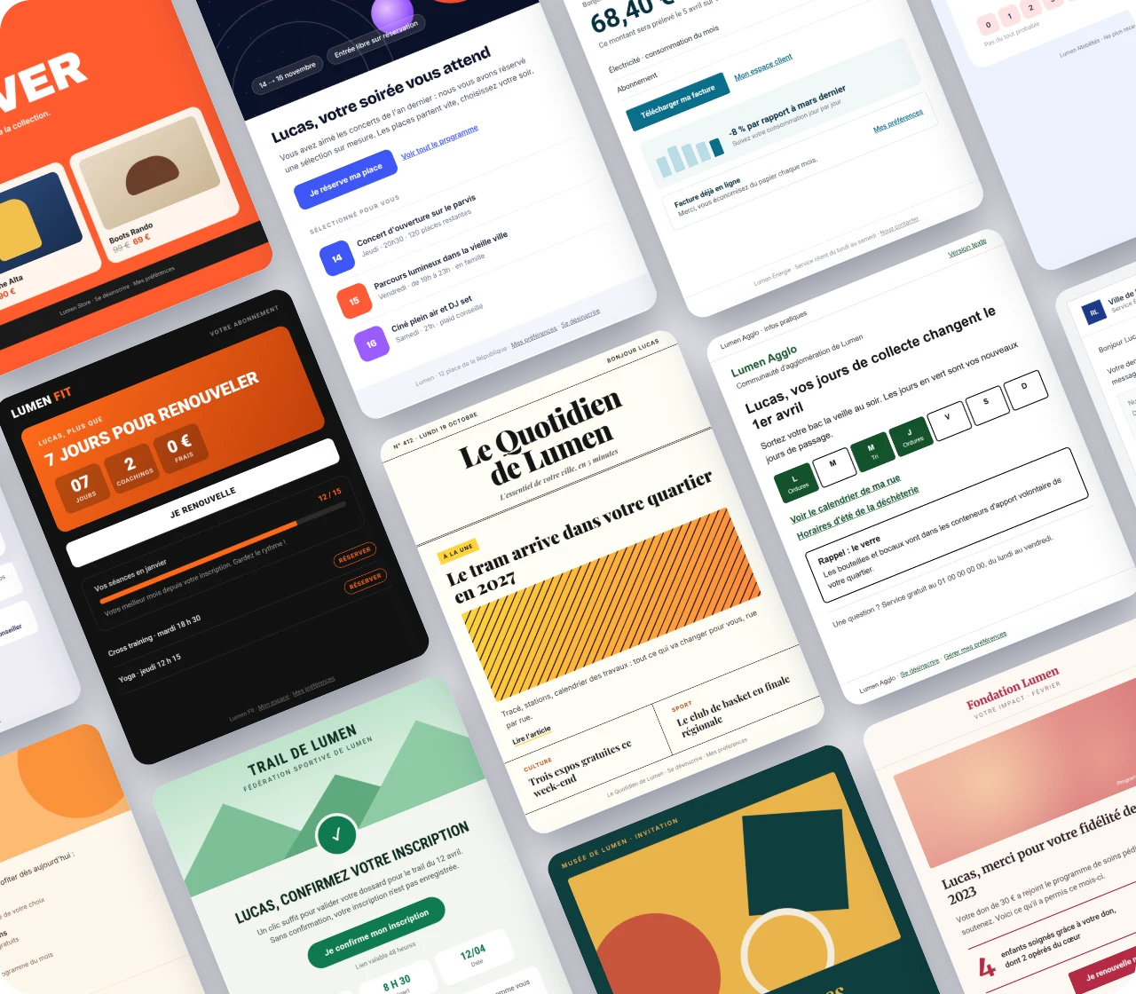 Exemples d'e-mails et de newsletters conçus avec Welkom Editor : newsletter éditoriale, promotion, invitation, facture, avis administratif