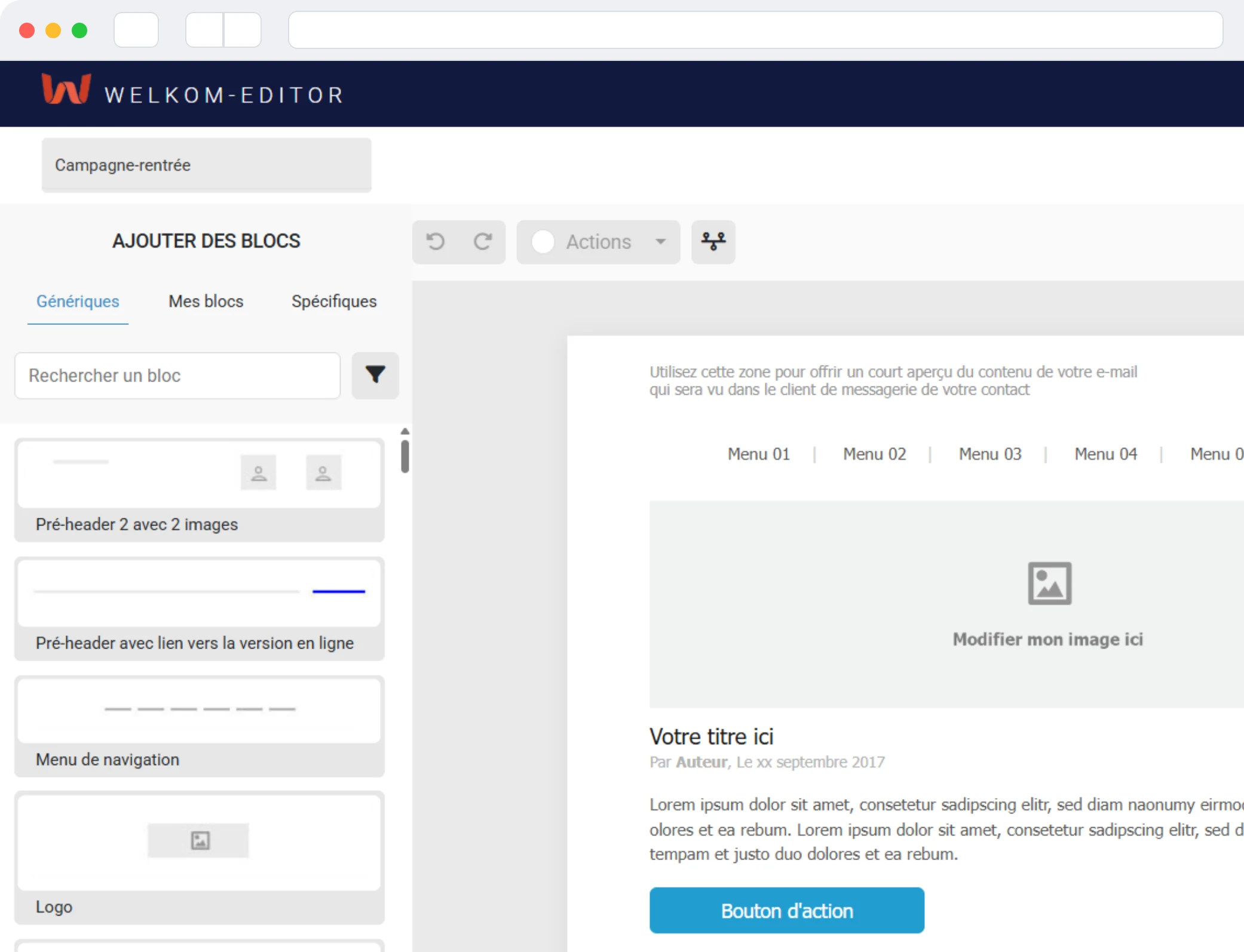 Interface de Welkom Editor dans un navigateur : bibliothèque de blocs et e-mail en cours de création
